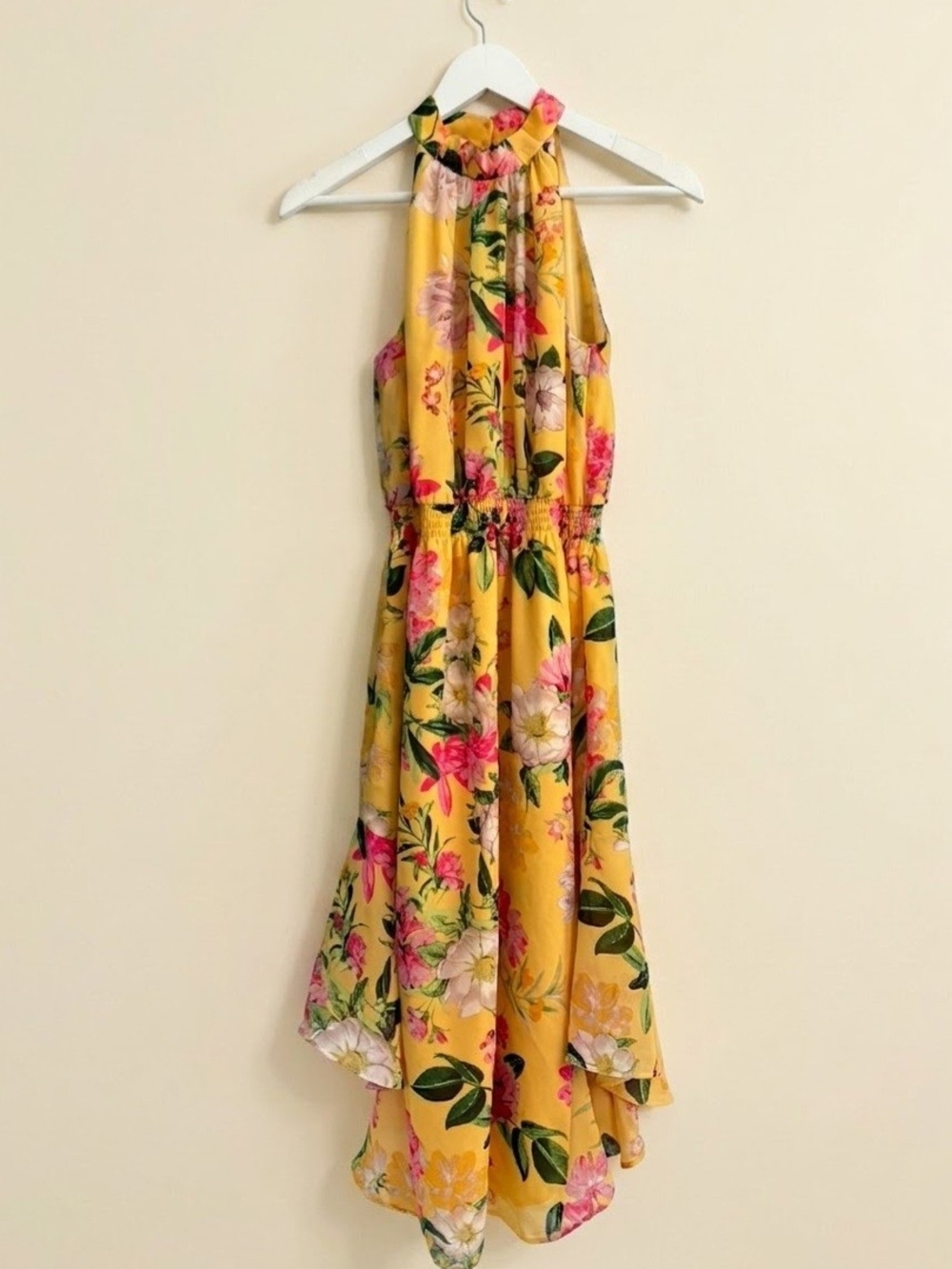 Vince Camuto Yellow Floral High Neck Midi Dress Size 4 Pockets
